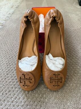 Tory Burch Cognac Leather Logo Ballet Flats